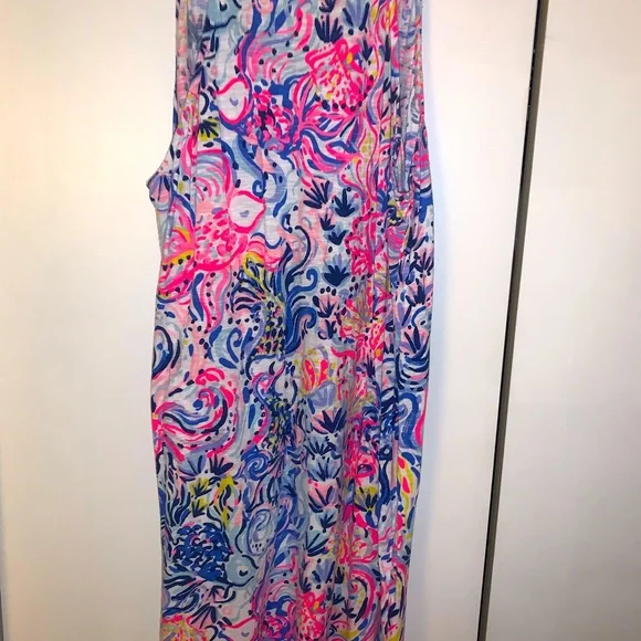 Lilly Pulitzer Shay Dress Sleeveless Ruffled V Neck Razorback Soft Cotton L - Picture 2 of 8